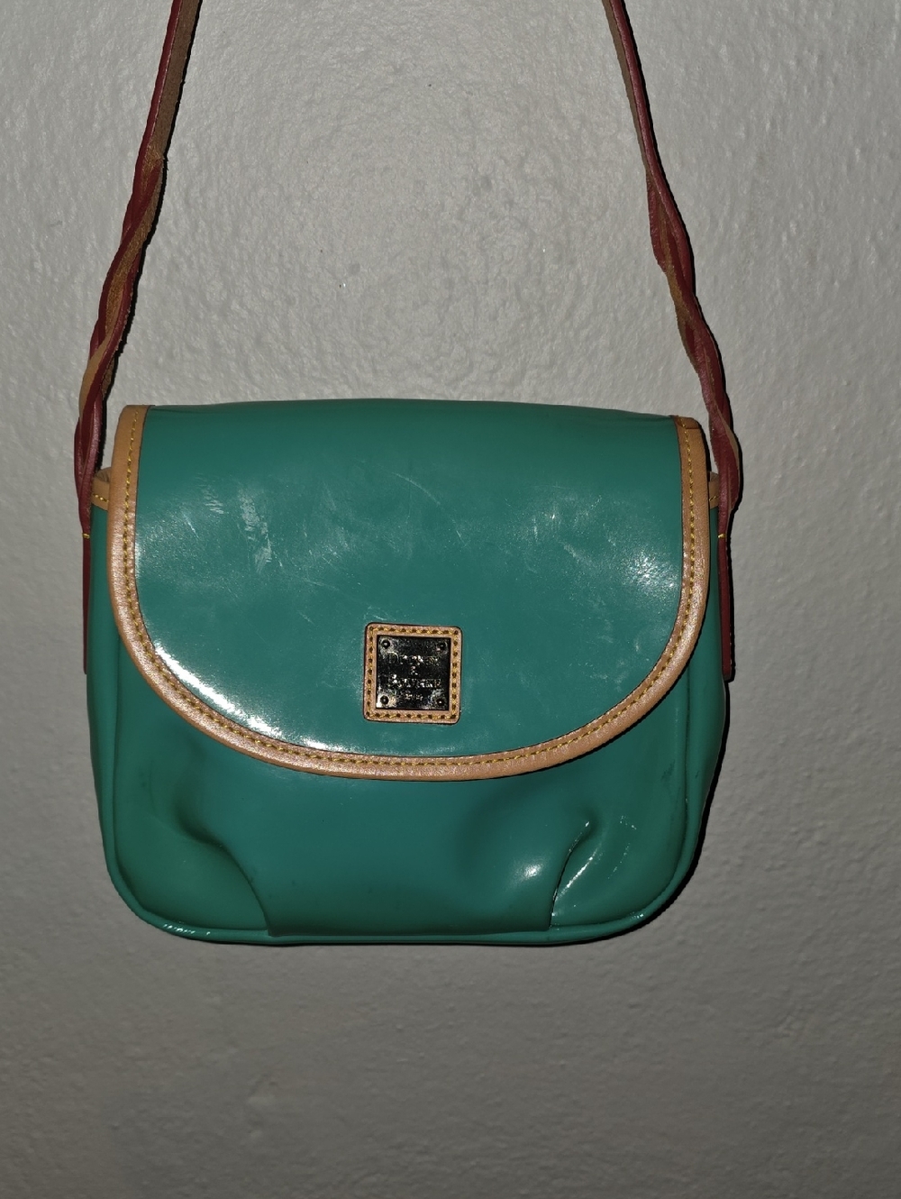 Dooney & Bourke Teal Patent Leather Shoulder Bag Tan Trim